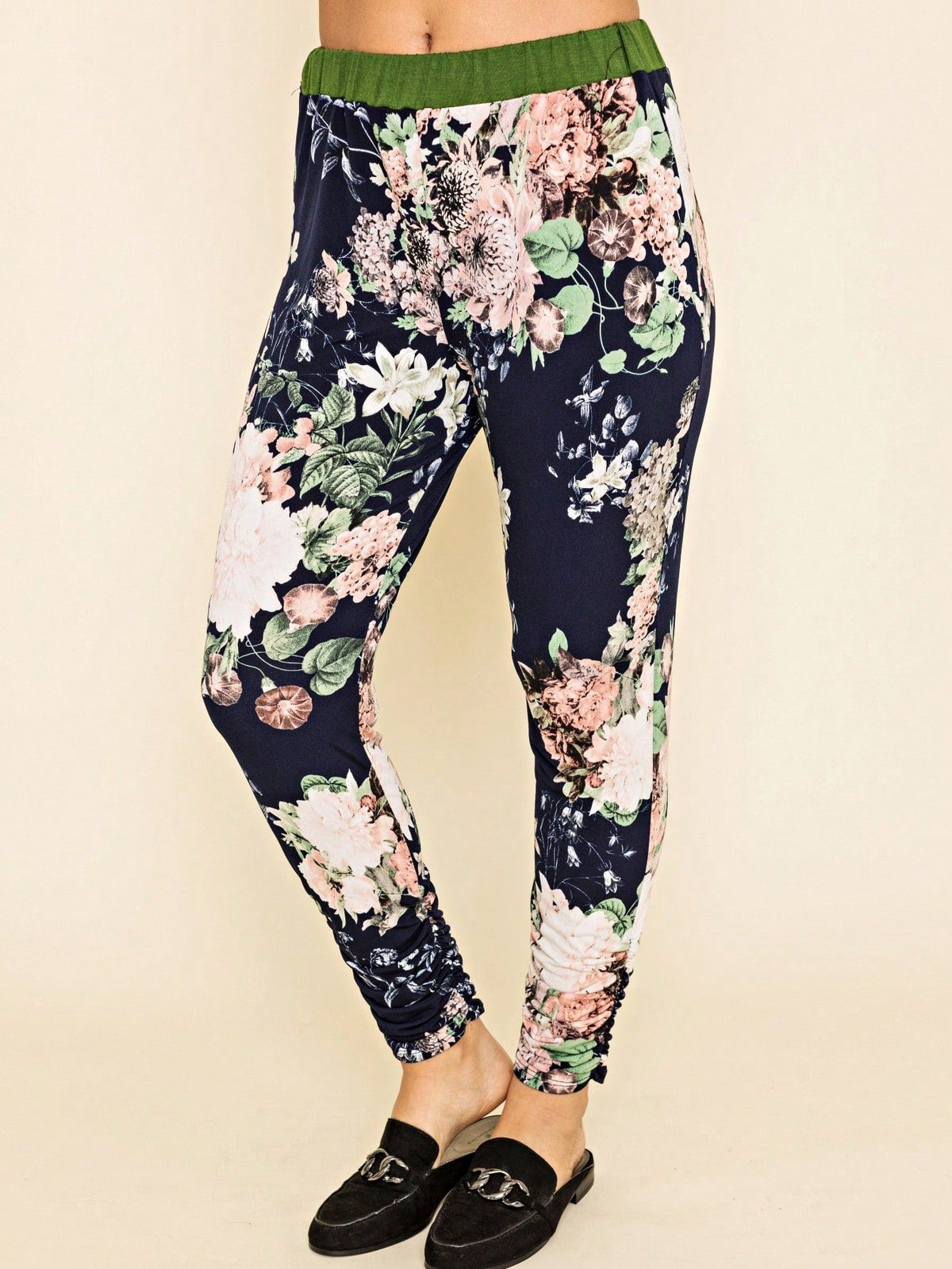 Boho Retro 90's Tie Dye Pink Blue Solid Olive Navy Black Charcoal  Grey Shirred Ruched Cuff  Jogger Pants With Drawstring And Pocket