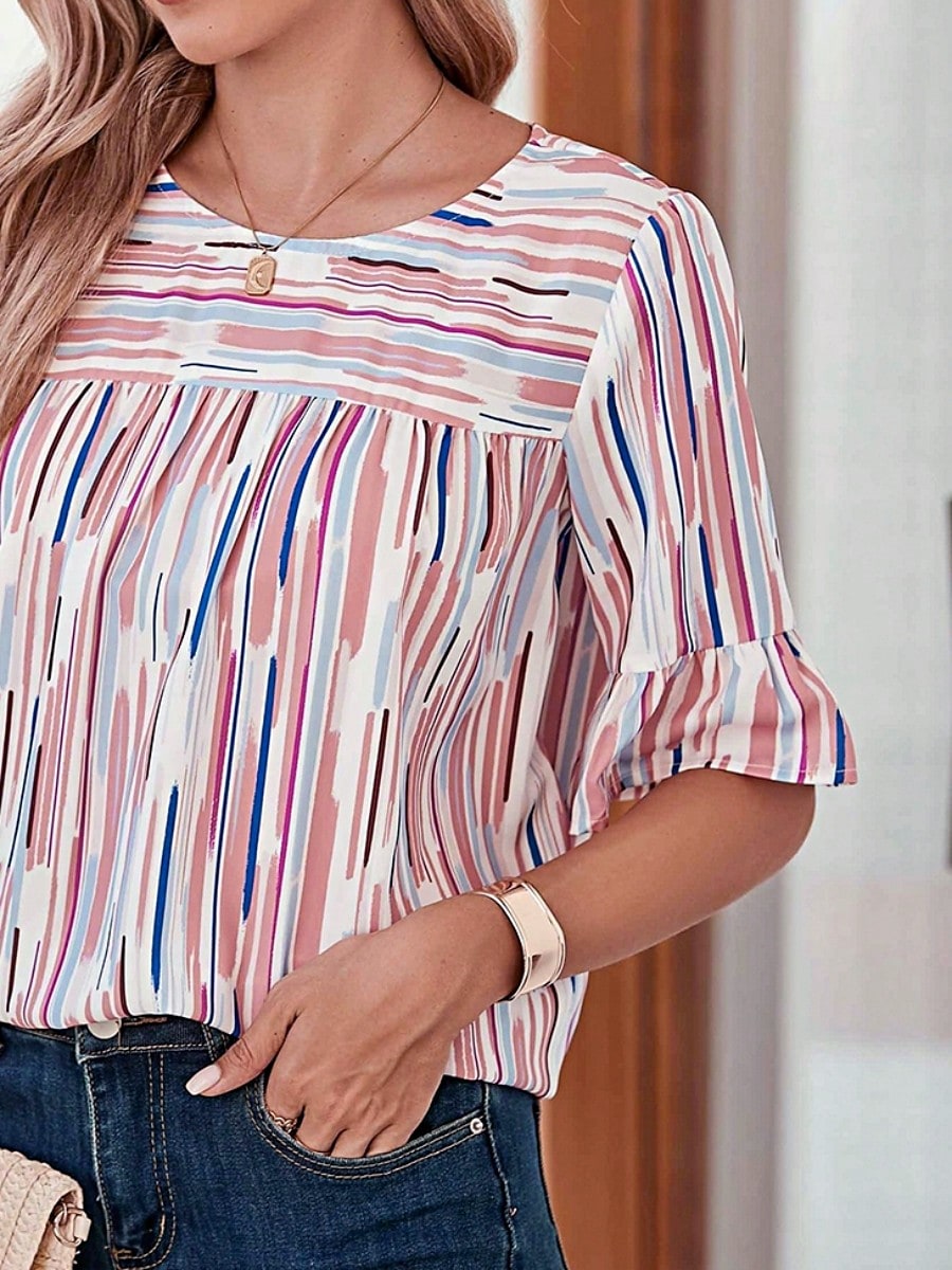 Boho Retro Vintage 60's Vibe Rose  Abstract Print Shirred Mock Button Neck Lantern Puff Bubble Sleeve Top Shirt Blouse