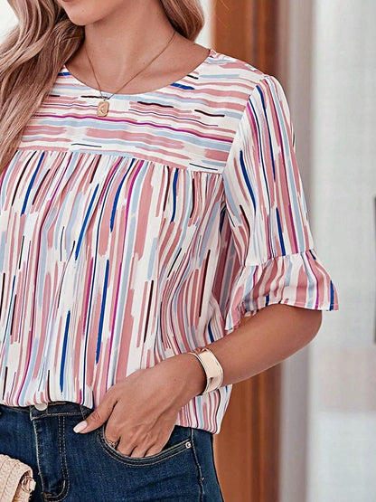 Boho Retro Vintage 60's Vibe Rose  Abstract Print Shirred Mock Button Neck Lantern Puff Bubble Sleeve Top Shirt Blouse