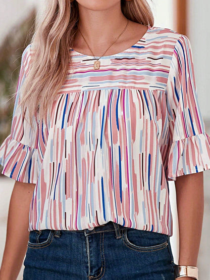 Boho Retro Vintage 60's Vibe Rose  Abstract Print Shirred Mock Button Neck Lantern Puff Bubble Sleeve Top Shirt Blouse