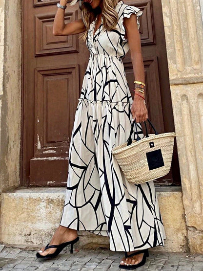 Boho Vacation Geo Smocked Black Pink Wavy Trimmed Tiered Maxi Long Dress V Neck Versatile Summer Dress For Women