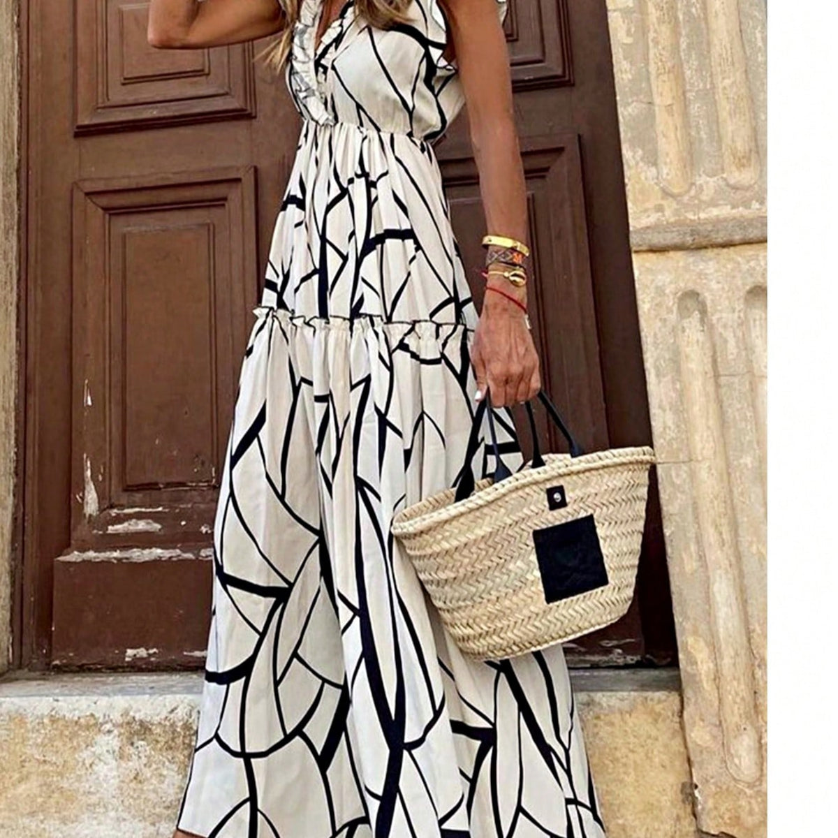 Boho Vacation Geo Smocked Black Pink Wavy Trimmed Tiered Maxi Long Dress V Neck Versatile Summer Dress For Women