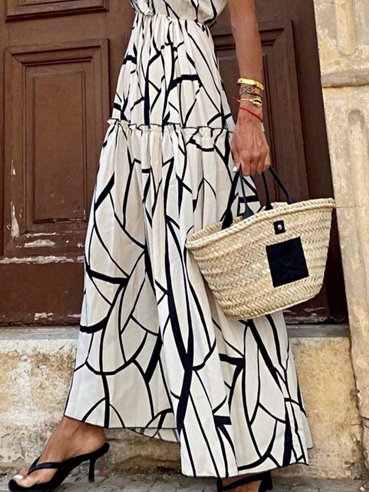 Boho Vacation Geo Smocked Black Pink Wavy Trimmed Tiered Maxi Long Dress V Neck Versatile Summer Dress For Women