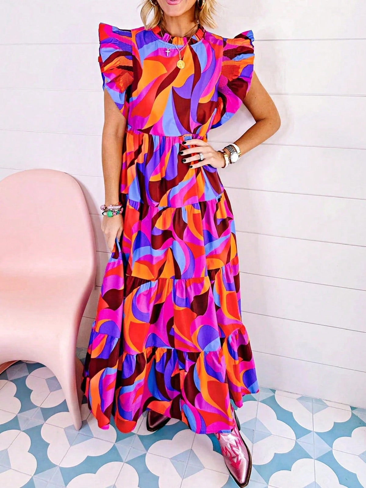Boho Vacation Geo Smocked Black Pink Wavy Trimmed Tiered Maxi Long Dress V Neck Versatile Summer Dress For Women