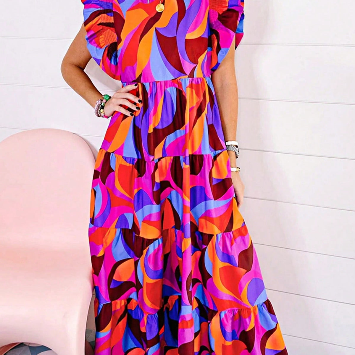 Boho Vacation Geo Smocked Black Pink Wavy Trimmed Tiered Maxi Long Dress V Neck Versatile Summer Dress For Women