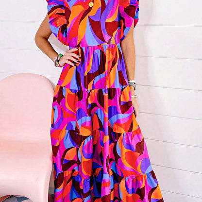 Boho Vacation Geo Smocked Black Pink Wavy Trimmed Tiered Maxi Long Dress V Neck Versatile Summer Dress For Women