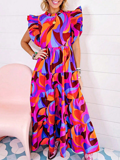 Boho Vacation Geo Smocked Black Pink Wavy Trimmed Tiered Maxi Long Dress V Neck Versatile Summer Dress For Women