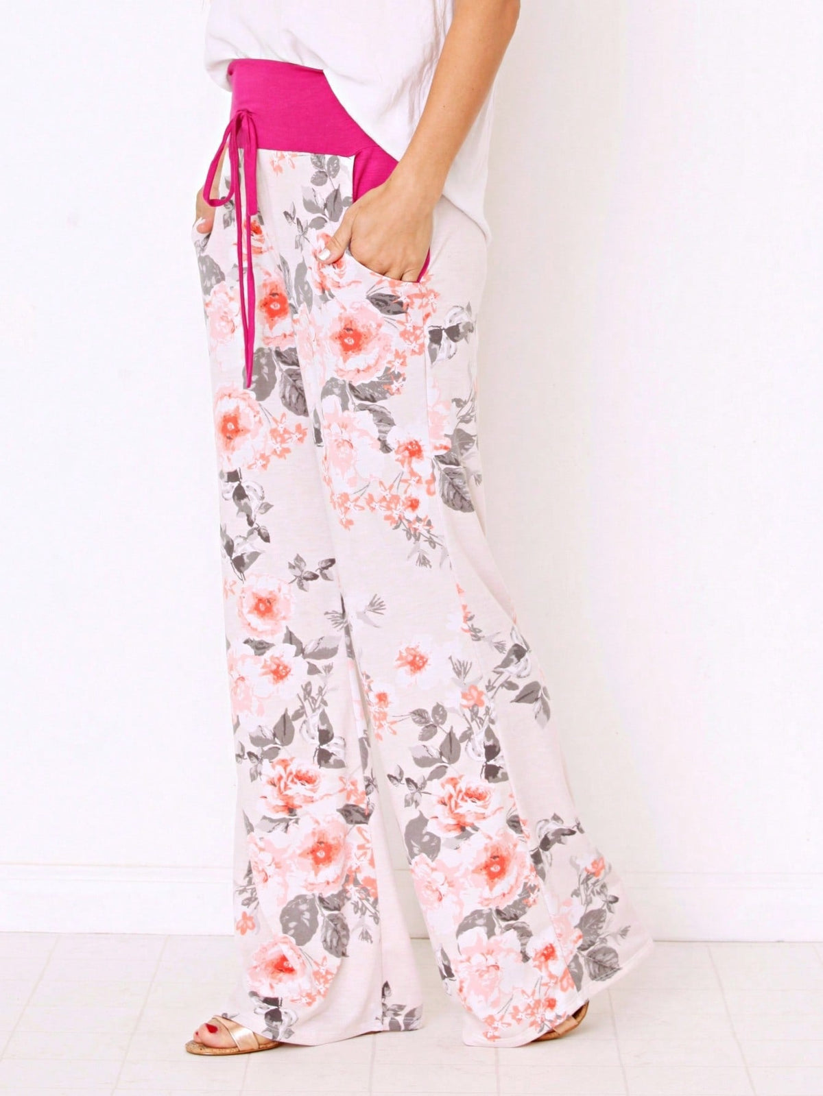 Floral Drawstring Fold Over Band Wide Leg Lounge Pants