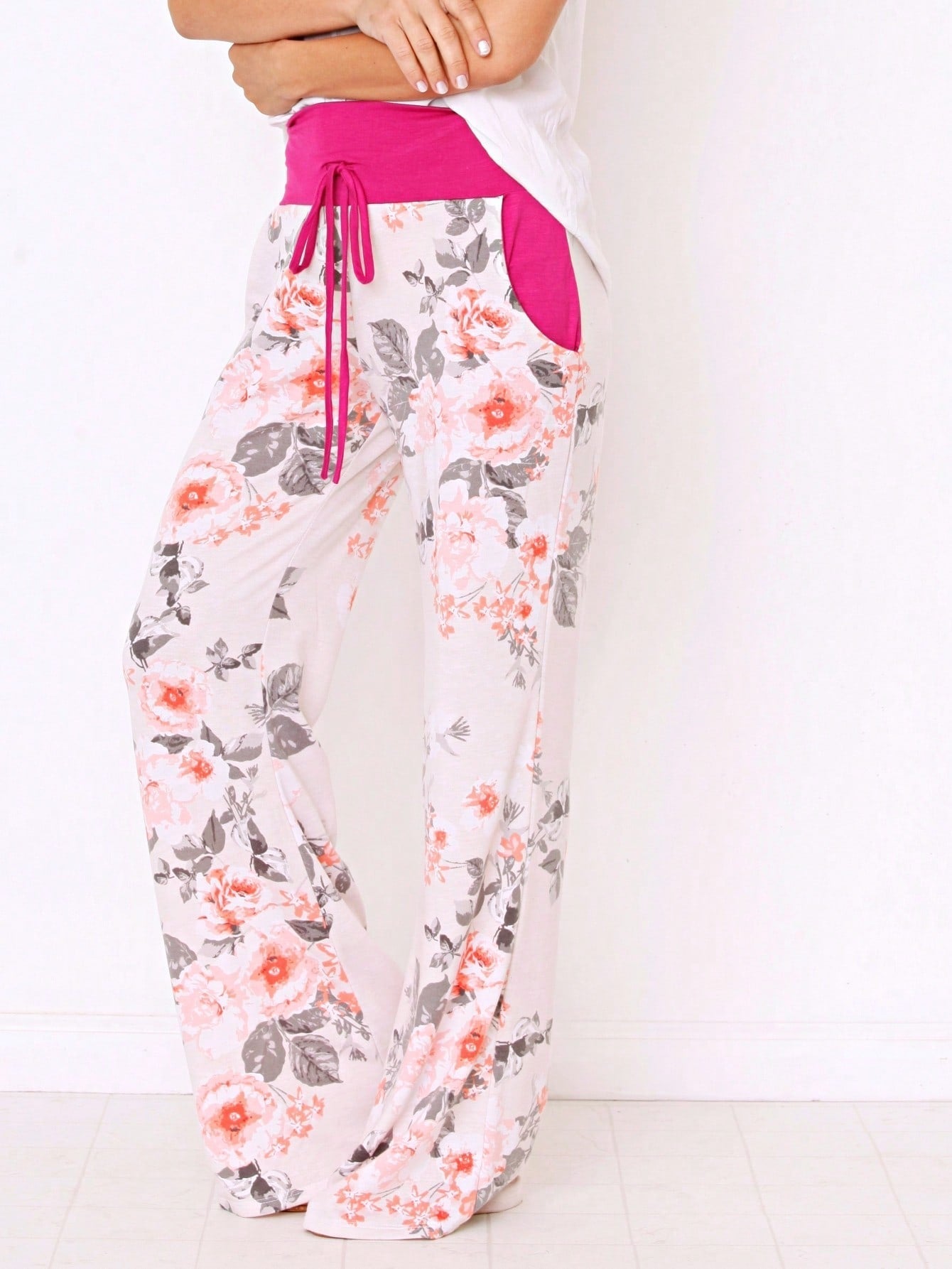 Floral Drawstring Fold Over Band Wide Leg Lounge Pants
