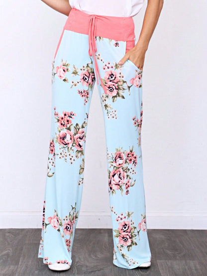 Floral Drawstring Fold Over Band Wide Leg Lounge Pants