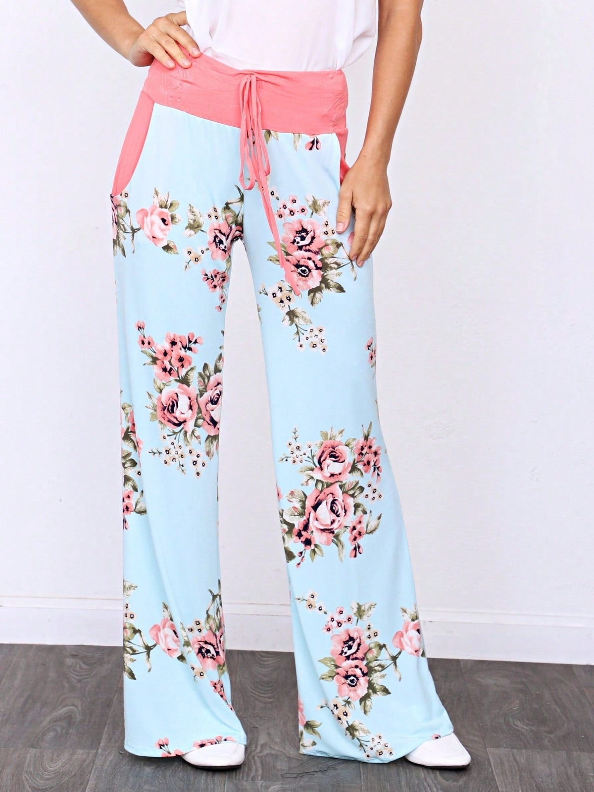 Floral Drawstring Fold Over Band Wide Leg Lounge Pants