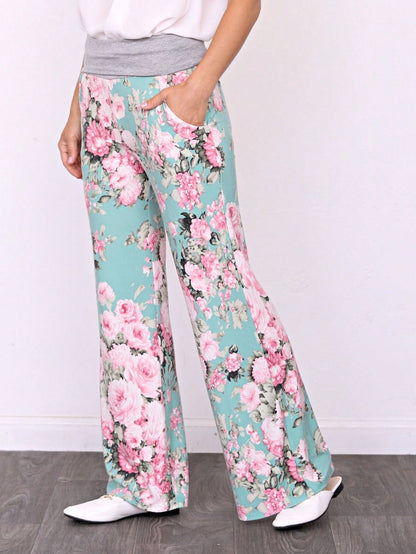Floral Drawstring Fold Over Band Wide Leg Lounge Pants