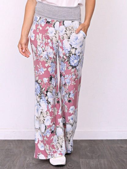 Floral Drawstring Fold Over Band Wide Leg Lounge Pants