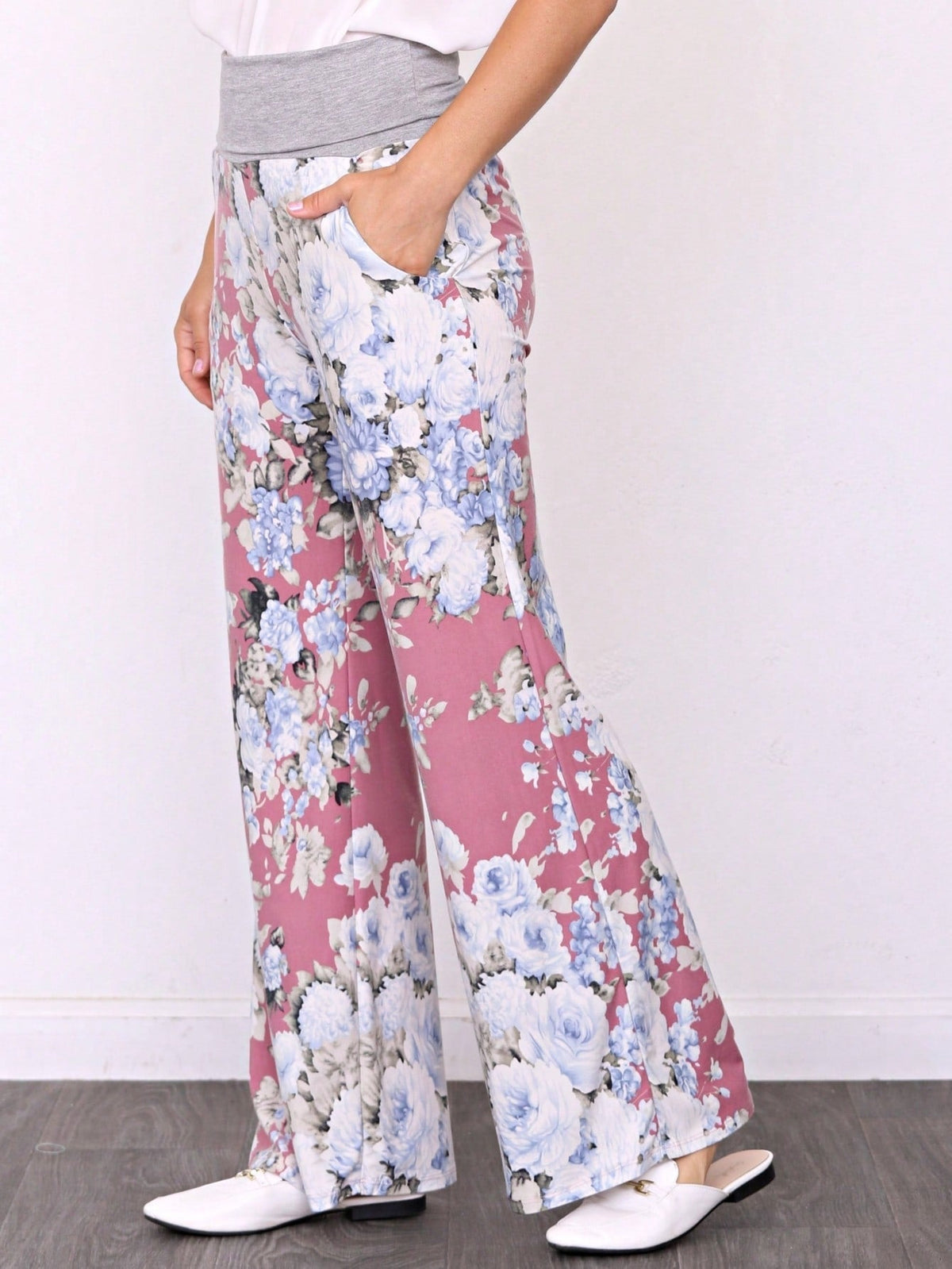 Floral Drawstring Fold Over Band Wide Leg Lounge Pants