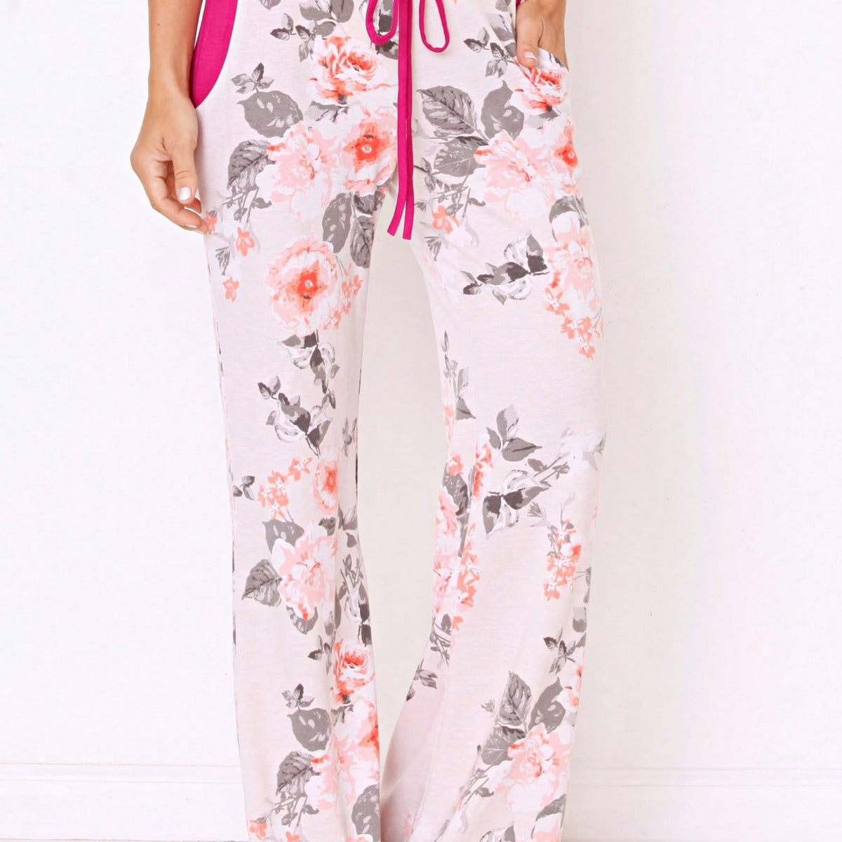 Floral Drawstring Fold Over Band Wide Leg Lounge Pants