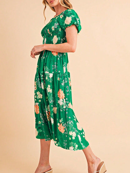 Boho Retro  Viscose Y2K Tiered Puff Sleeve Green Floral Classic Smocked Midi Dress