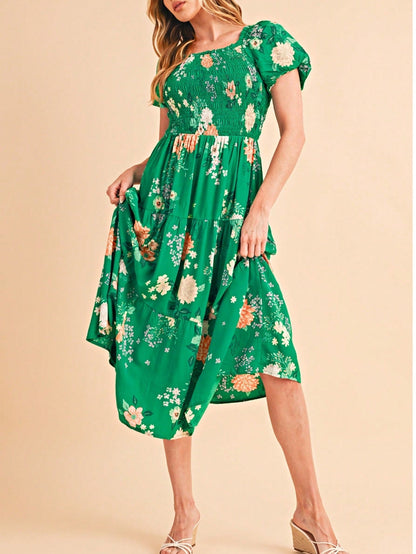 Boho Retro  Viscose Y2K Tiered Puff Sleeve Green Floral Classic Smocked Midi Dress