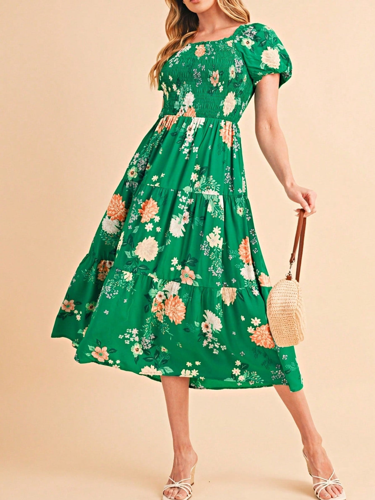Boho Retro  Viscose Y2K Tiered Puff Sleeve Green Floral Classic Smocked Midi Dress