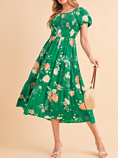 Boho Retro  Viscose Y2K Tiered Puff Sleeve Green Floral Classic Smocked Midi Dress