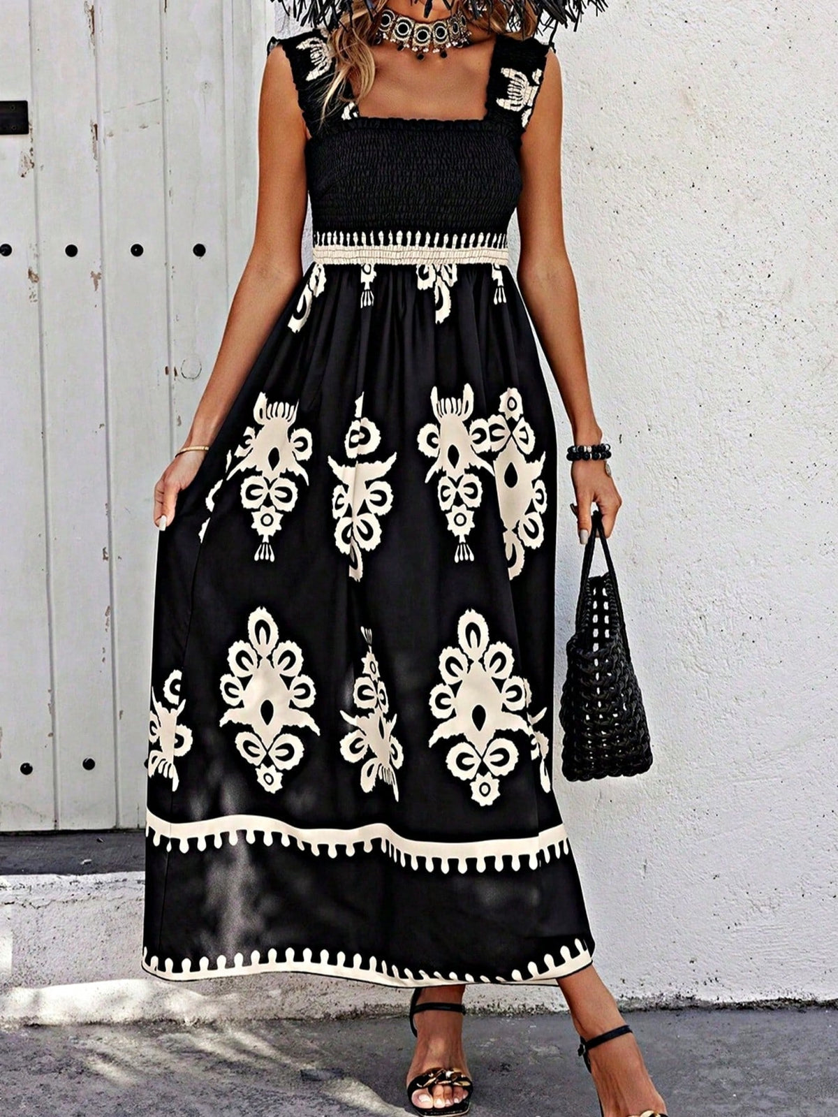Boho Vacation Geo Smocked Black Pink Wavy Trimmed Tiered Maxi Long Dress V Neck Versatile Summer Dress For Women