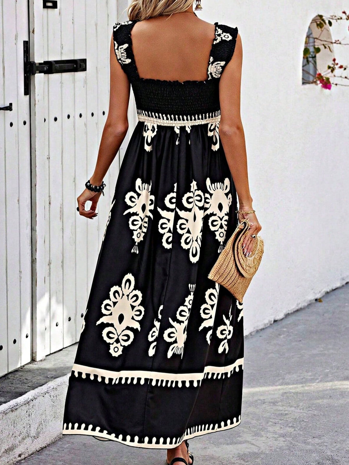 Boho Vacation Geo Smocked Black Pink Wavy Trimmed Tiered Maxi Long Dress V Neck Versatile Summer Dress For Women