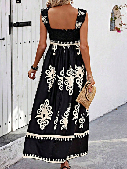 Boho Vacation Geo Smocked Black Pink Wavy Trimmed Tiered Maxi Long Dress V Neck Versatile Summer Dress For Women