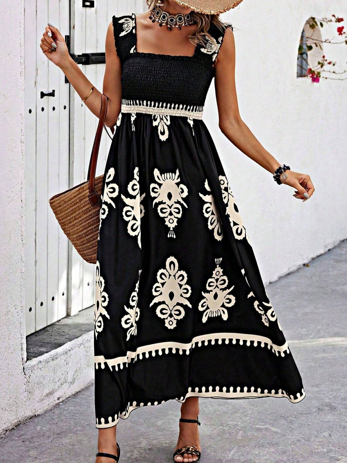 Boho Vacation Geo Smocked Black Pink Wavy Trimmed Tiered Maxi Long Dress V Neck Versatile Summer Dress For Women