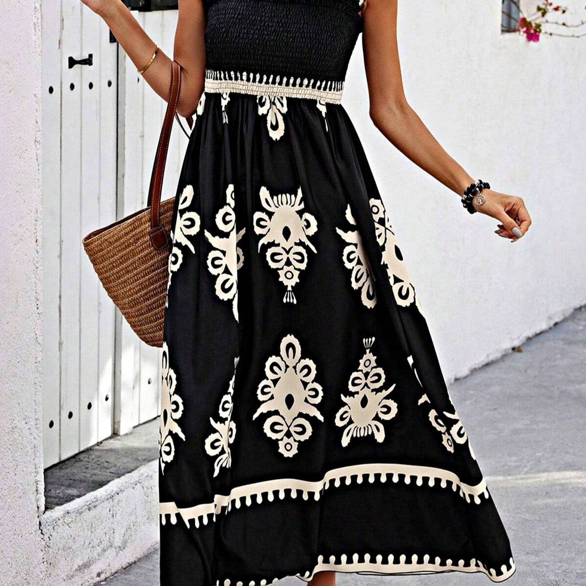 Boho Vacation Geo Smocked Black Pink Wavy Trimmed Tiered Maxi Long Dress V Neck Versatile Summer Dress For Women