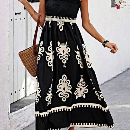 Boho Vacation Geo Smocked Black Pink Wavy Trimmed Tiered Maxi Long Dress V Neck Versatile Summer Dress For Women