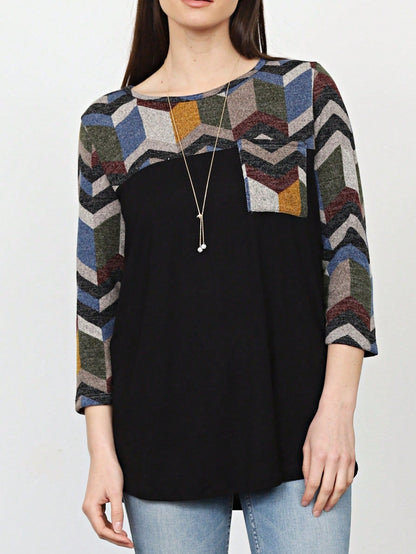 Boho Retro Black Mint Color Block Oriental Geo Pocket 60's Rayon Soft Top Shirt Blouse | Small-3 XL