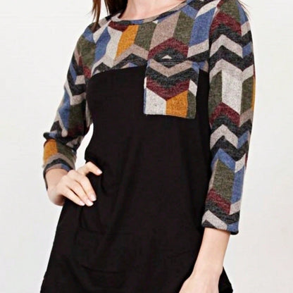 Boho Retro Black Mint Color Block Oriental Geo Pocket 60's Rayon Soft Top Shirt Blouse | Small-3 XL
