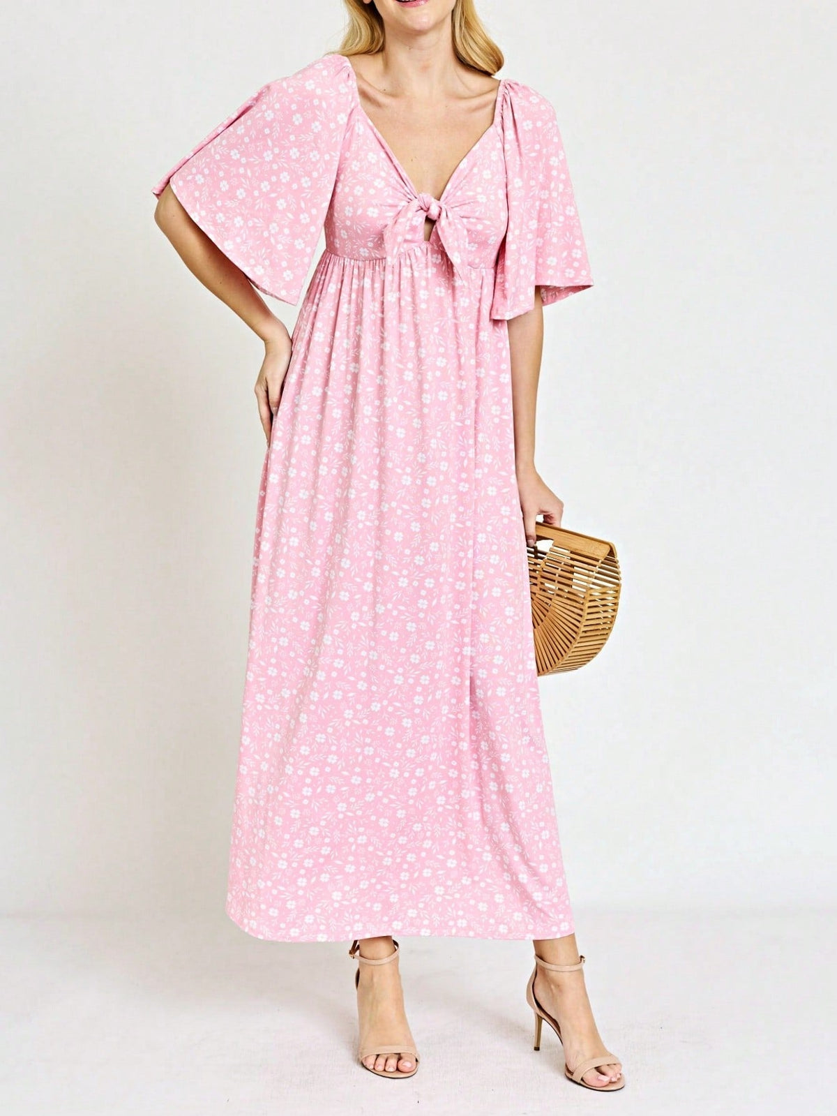 Boho Retro Polka Dot Rayon Mix Casual  Maxi Dress With Folded Cap Sleeve Side Pockets Versatile Summer Dress For Women