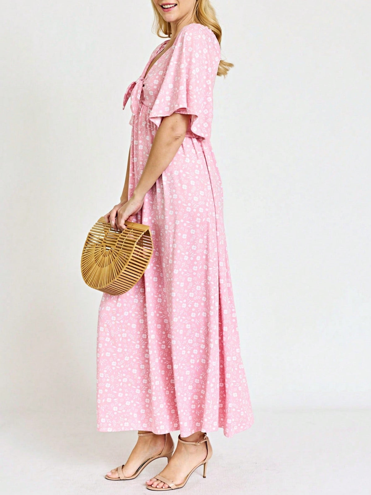 Boho Retro Polka Dot Rayon Mix Casual  Maxi Dress With Folded Cap Sleeve Side Pockets Versatile Summer Dress For Women