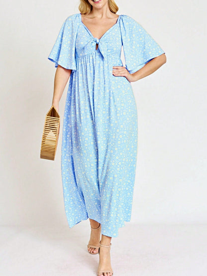 Boho Retro Polka Dot Rayon Mix Casual  Maxi Dress With Folded Cap Sleeve Side Pockets Versatile Summer Dress For Women