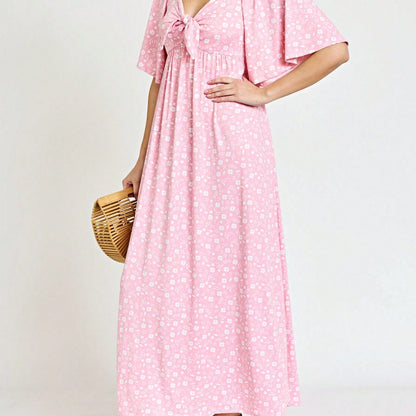 Boho Retro Polka Dot Rayon Mix Casual  Maxi Dress With Folded Cap Sleeve Side Pockets Versatile Summer Dress For Women