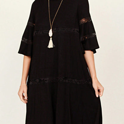 Boho Retro Burgundy  Red Lace Fit And Flare Three-Quarter Sleeve Lace