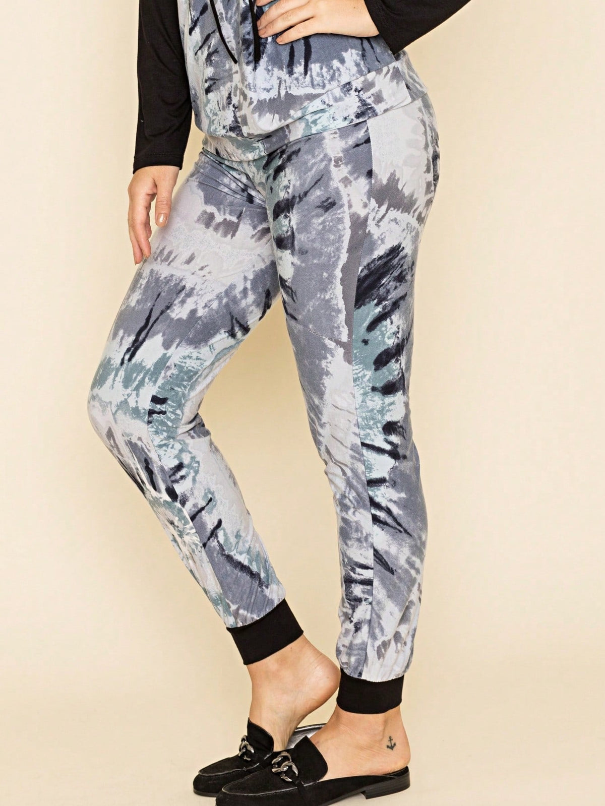 Boho Retro 90's Tie Dye Pink Blue Solid Olive Navy Black Charcoal  Grey Shirred Ruched Cuff  Jogger Pants With Drawstring And Pocket