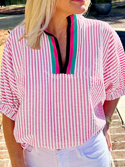 Boho Retro Vintage 90's Stripe Cotton Drop Shoulder Over Size V Neck Rugby  Preppy Shirt  Top Pullover Sweater
