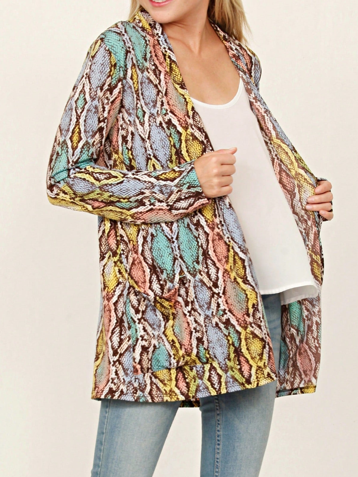 Boho Retro Peach Khaki Beige Floral Button  Puff Drop Shoulder Light Weight Terry Cardigan Small To 3 XL PLUS