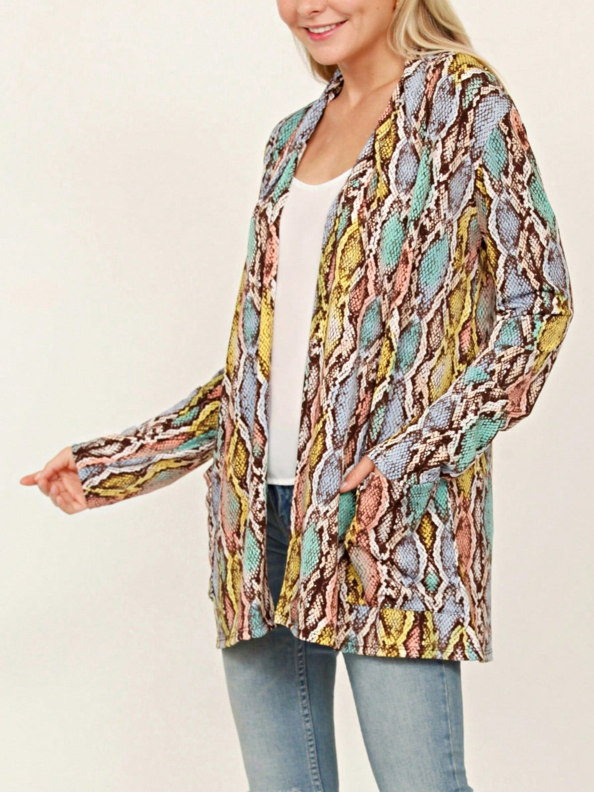 Boho Retro Peach Khaki Beige Floral Button  Puff Drop Shoulder Light Weight Terry Cardigan Small To 3 XL PLUS