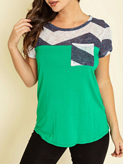 Boho Retro Black Mint Color Block Oriental Geo Pocket 60's Rayon Soft Top Shirt Blouse | Small-3 XL