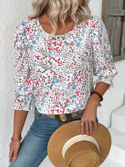 ✨Women's casual round neck pleated cuffs short sleeve top