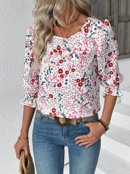 ✨Women's casual round neck pleated cuffs short sleeve top