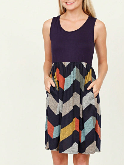 Boho Vintage Chevron Stripe Pink Yellow Navy Sleeveless Mini Poolside Cover Up Dress Small To 3 XL Plus