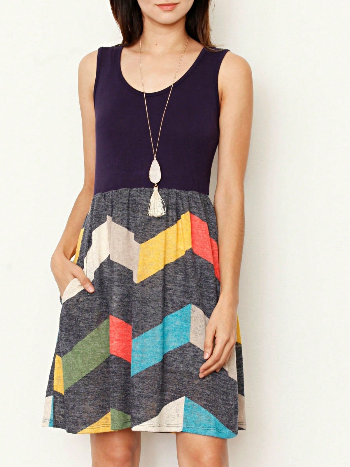 Boho Vintage Chevron Stripe Pink Yellow Navy Sleeveless Mini Poolside Cover Up Dress Small To 3 XL Plus