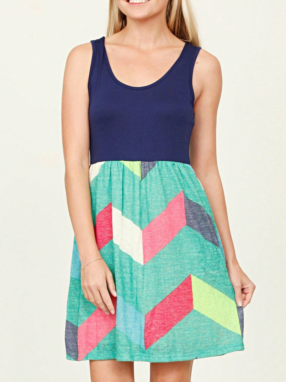 Boho Vintage Chevron Stripe Pink Yellow Navy Sleeveless Mini Poolside Cover Up Dress Small To 3 XL Plus