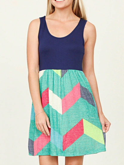 Boho Vintage Chevron Stripe Pink Yellow Navy Sleeveless Mini Poolside Cover Up Dress Small To 3 XL Plus