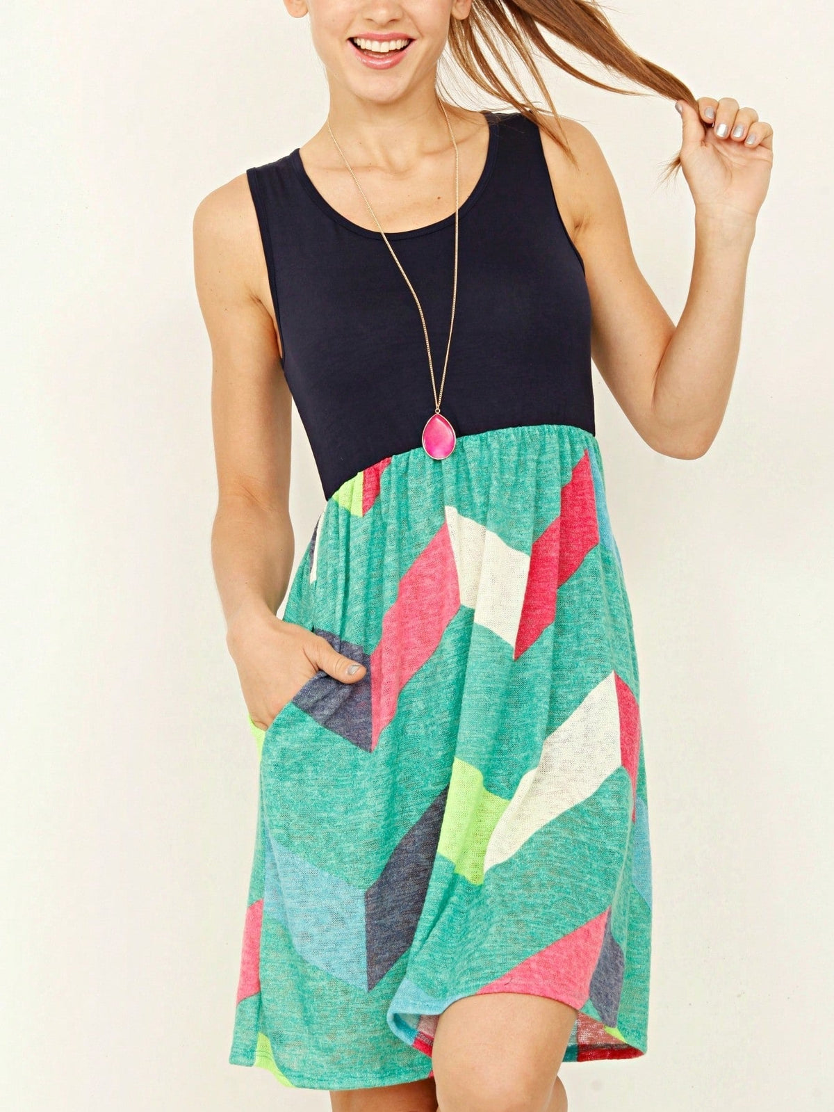 Boho Vintage Chevron Stripe Pink Yellow Navy Sleeveless Mini Poolside Cover Up Dress Small To 3 XL Plus