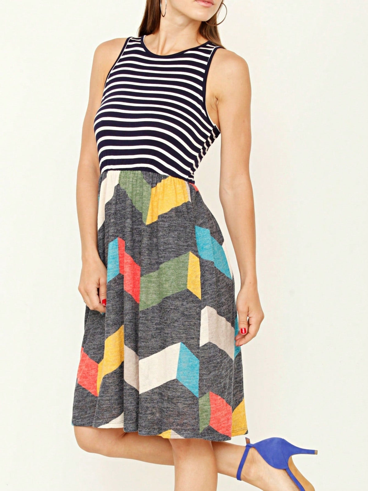 Boho Vintage Chevron Stripe Pink Yellow Navy Sleeveless Mini Poolside Cover Up Dress Small To 3 XL Plus