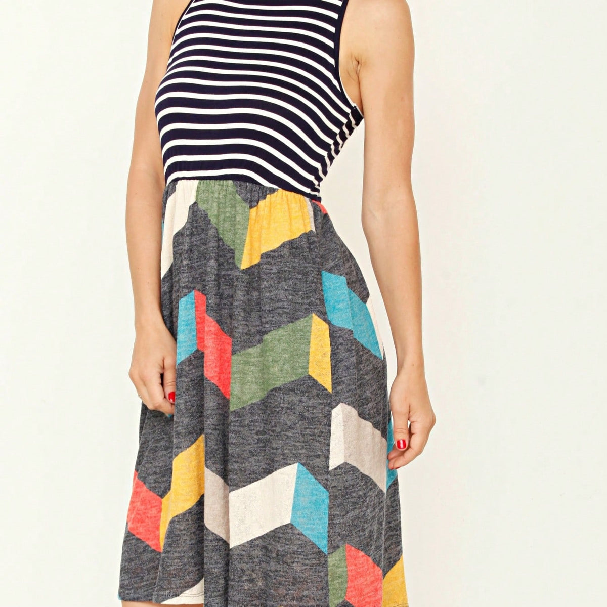 Boho Vintage Chevron Stripe Pink Yellow Navy Sleeveless Mini Poolside Cover Up Dress Small To 3 XL Plus